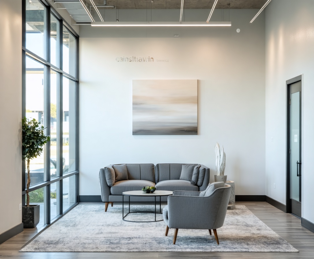 Interior view of the modern, minimalist Narrative Edge consultation studio in Austin
