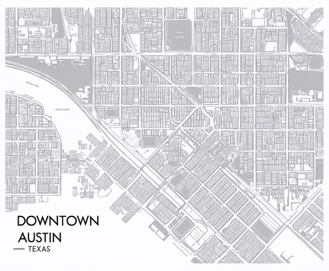 A stylized, minimalist grayscale map of downtown Austin showing the Narrative Edge location
