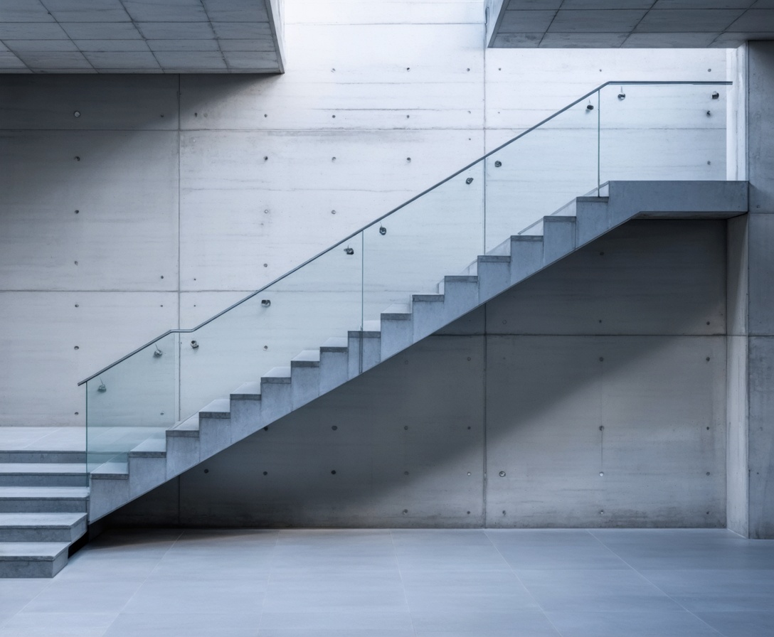 Abstract architectural shot of a modern building staircase, representing the path to mastery