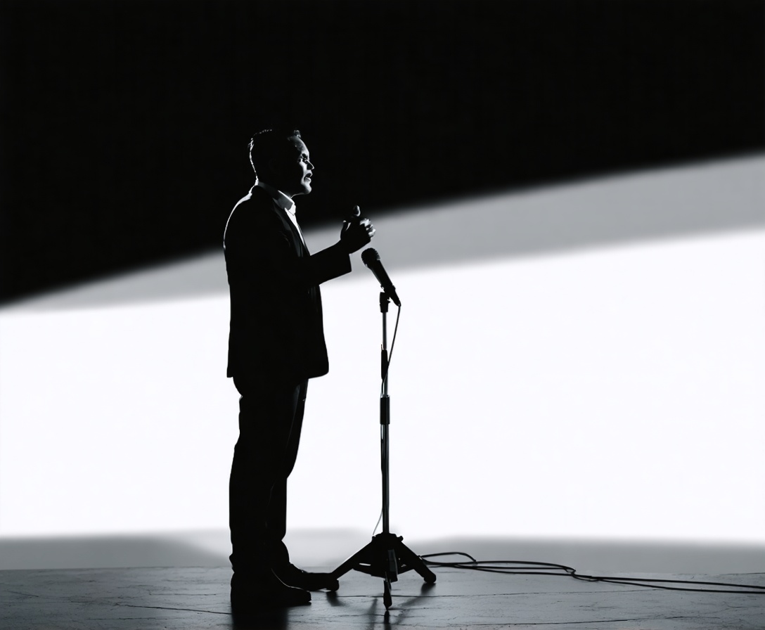 A professional speaker confidently addressing an audience from a stage, captured in high-contrast black and white