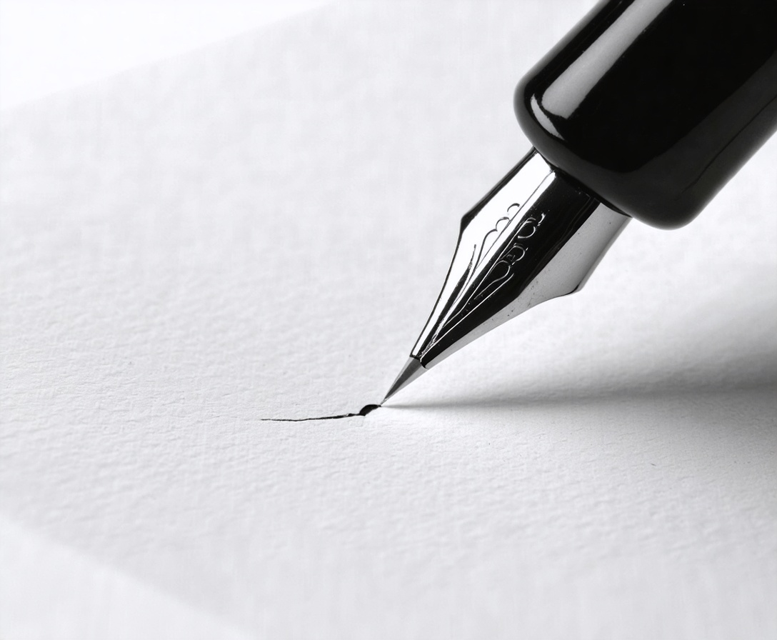 Extreme close-up of a fountain pen nib touching high-quality paper, symbolizing the precision of our privacy commitments