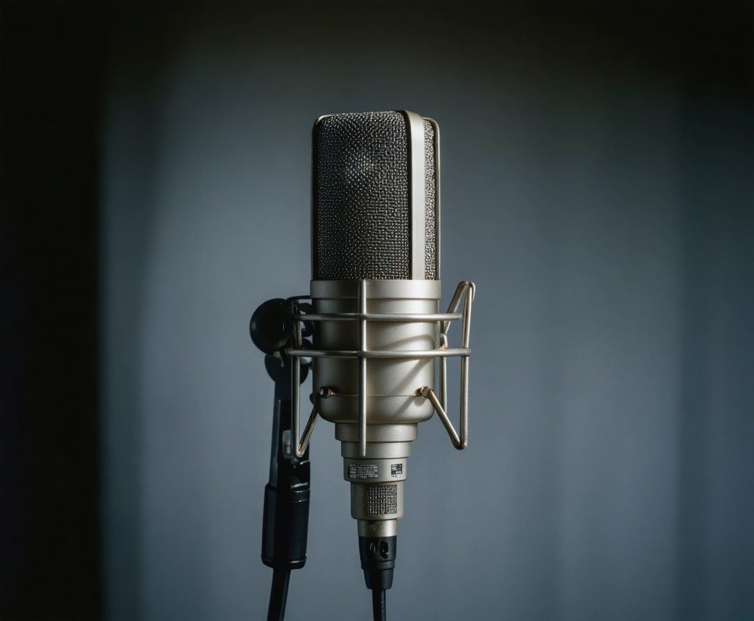 Macro shot of a high-quality studio microphone used for vocal training at Narrative Edge