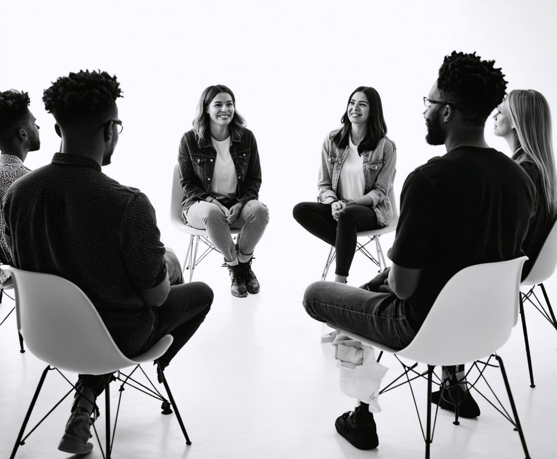 A small group of professionals participating in a collaborative storytelling workshop at Narrative Edge